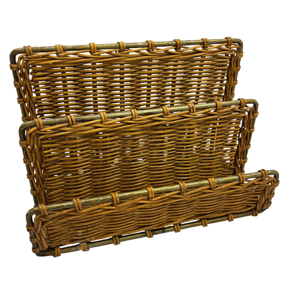 Vintage Wicker Mail Sorter Desk Organizer 3 Tier Metal Frame Boho Office Decor